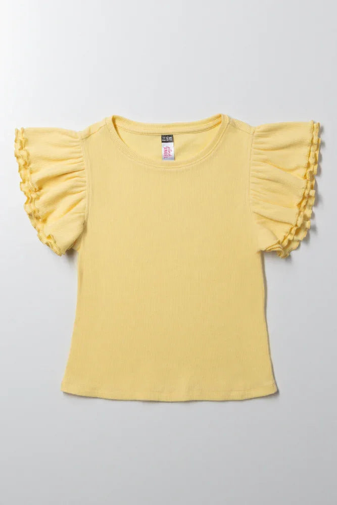 Rib T-Shirt With Frill Sleeves Yellow