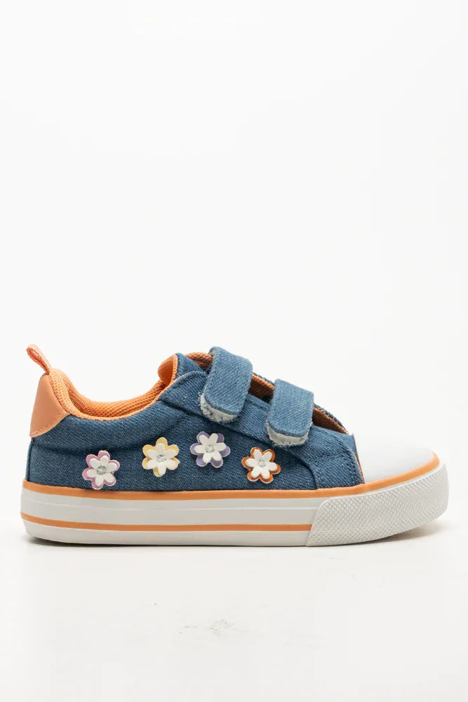 3D Flower Trim Denim Sneakers Blue