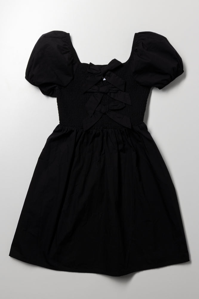 Bow Detail Puff Sleeve Dress Black