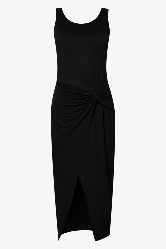 Suede Knit Mock Wrap Midi Dress Black