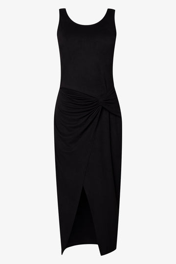 Suede Knit Mock Wrap Midi Dress Black