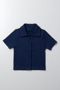 Seamless Button Down Collar Top Navy