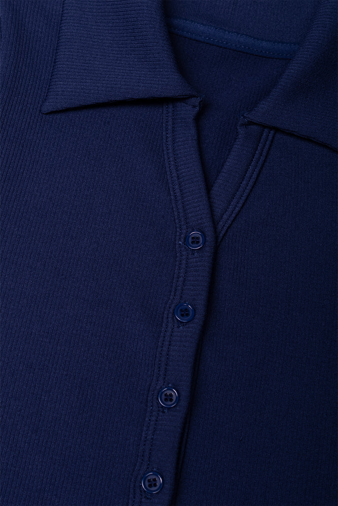 Seamless Button Down Collar Top Navy