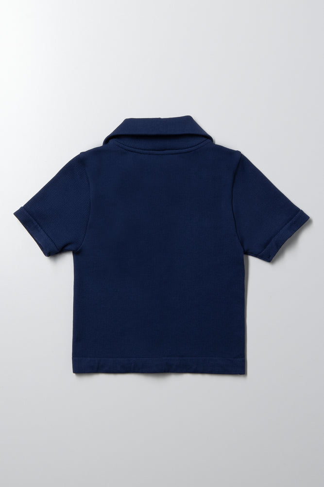 Seamless Button Down Collar Top Navy (2)