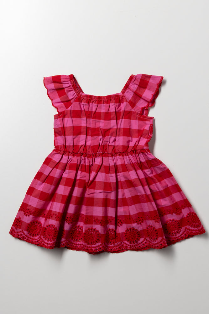 Embroidered Check Dress Red And Pink (2)