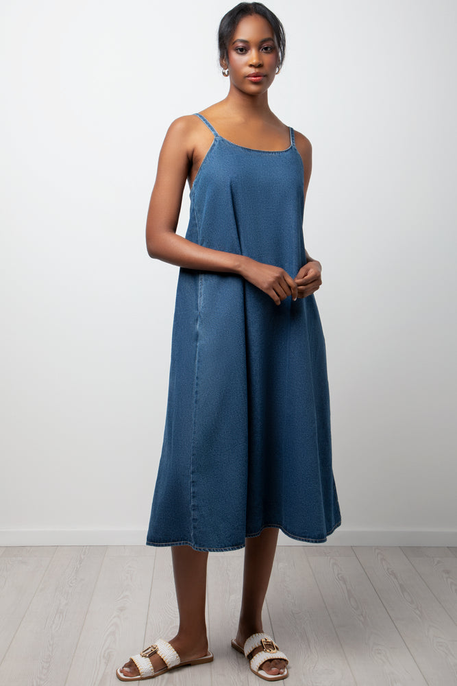 Denim Strappy Fit And Flare Dress Blue Dresses Jumpsuits