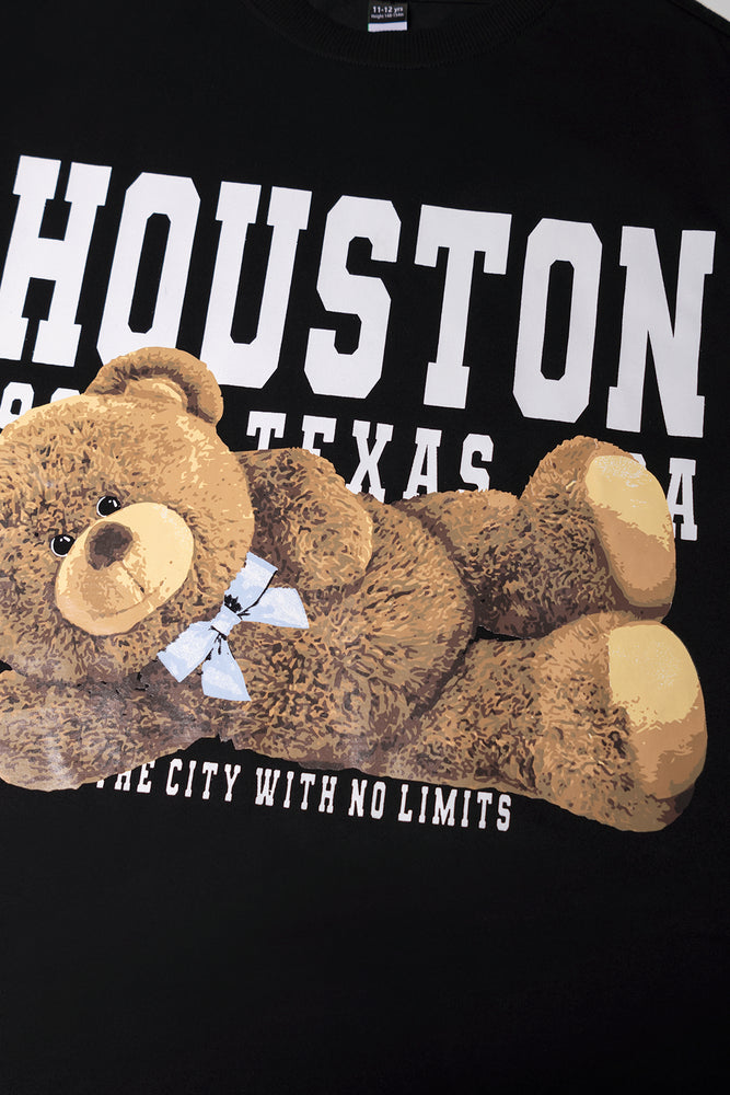 Oversized T-Shirt with Teddy Bear Print Black