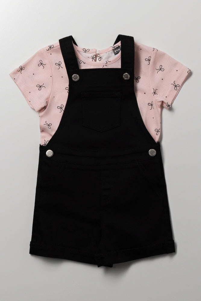 Bow Print Dungaree Set Black