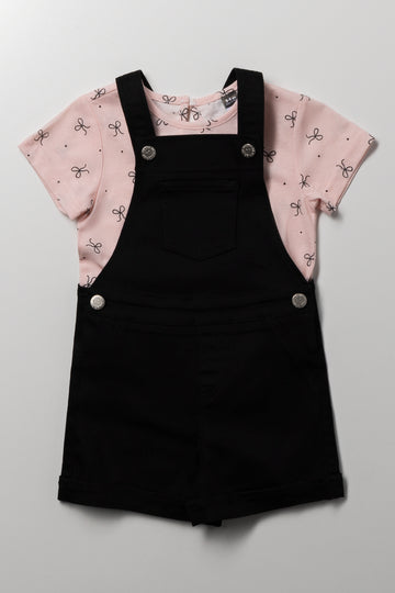 Bow Print Dungaree Set Black