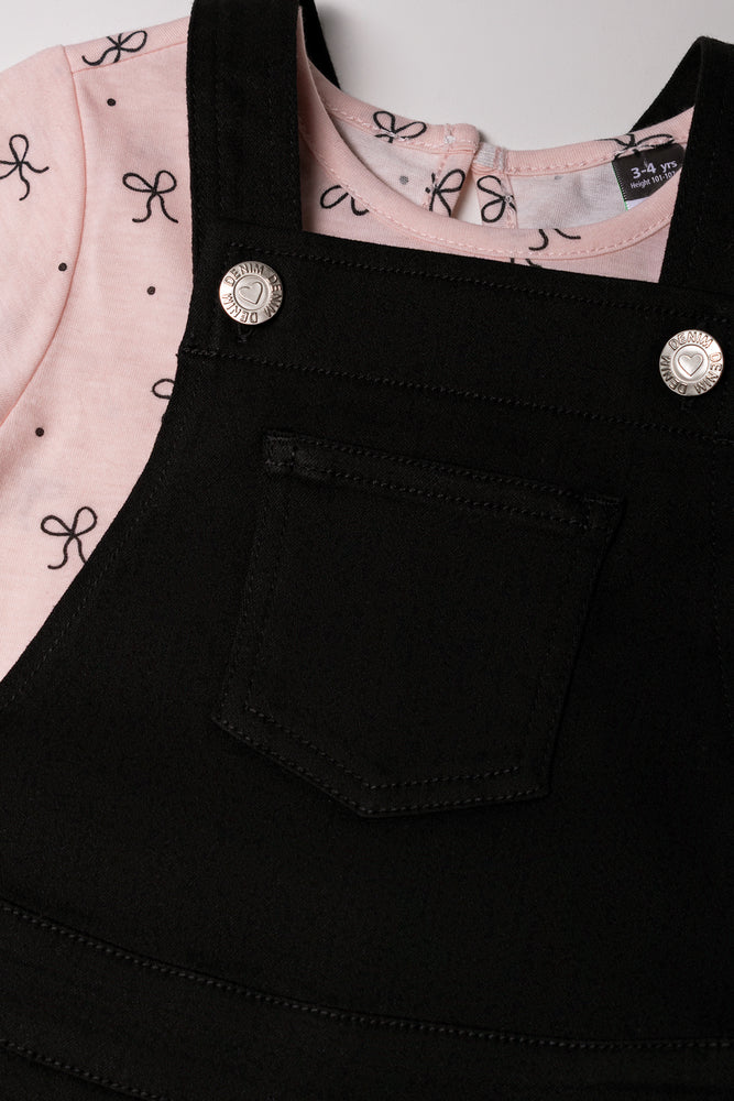 Bow Print Dungaree Set Black