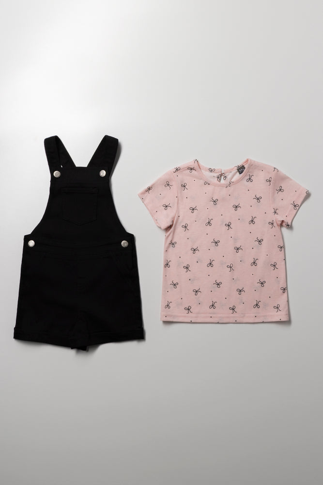 Bow Print Dungaree Set Black (2)