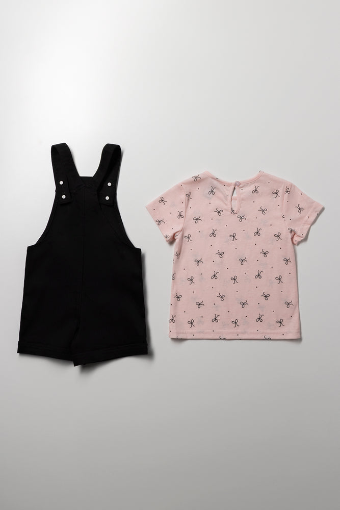 Bow Print Dungaree Set Black (3)