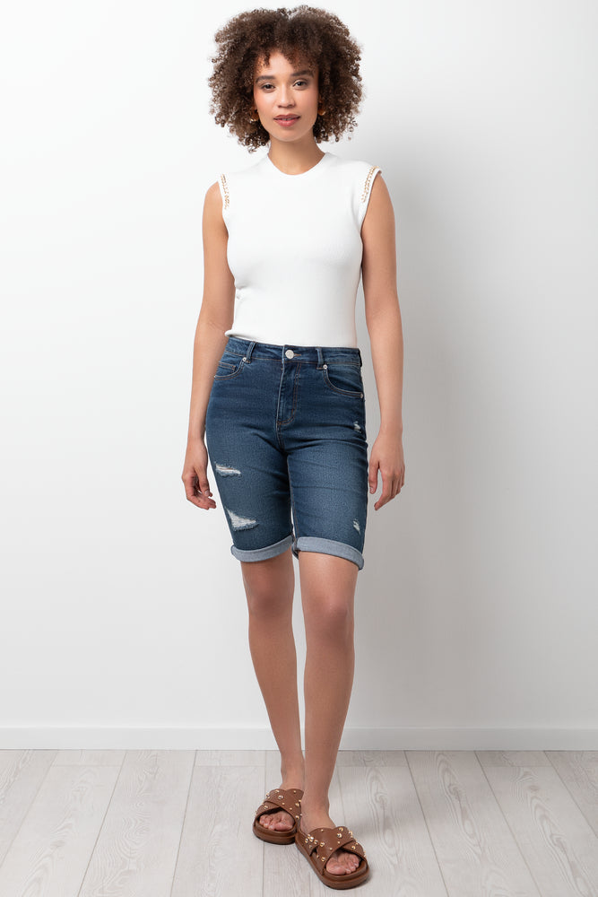 Distressed Bermuda Shorts Dark Blue