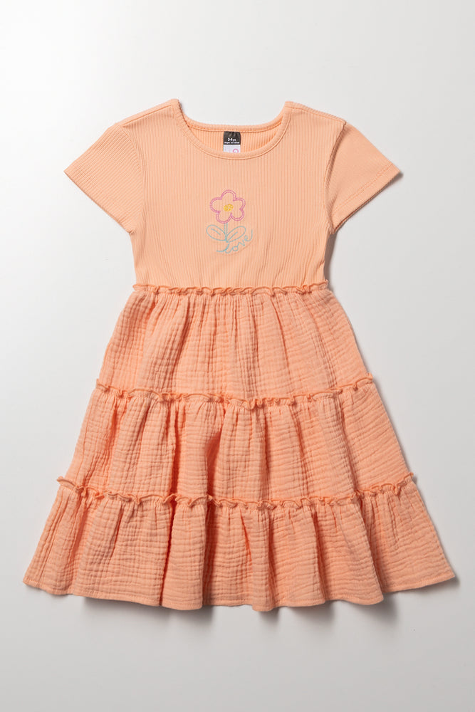 Rib Tiered Dress Peach