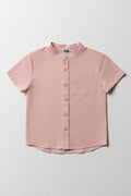 Linen Short Sleeve Mandarin Shirt Dusty Pink