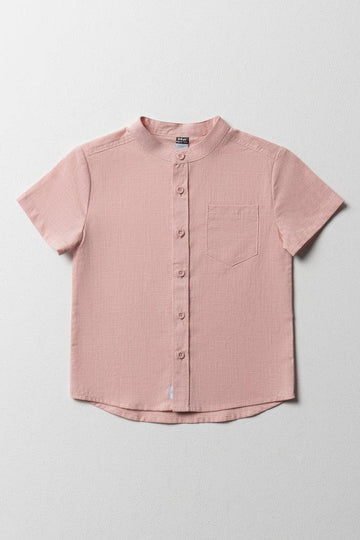 Linen Short Sleeve Mandarin Shirt Dusty Pink