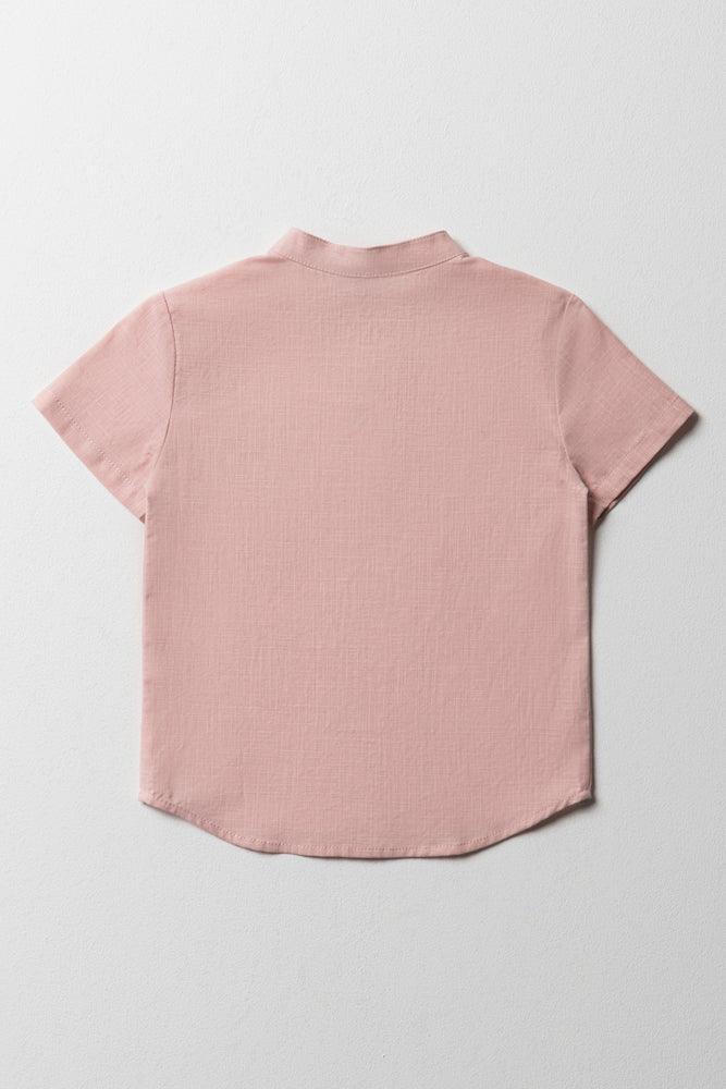 Linen Short Sleeve Mandarin Shirt Dusty Pink (3)