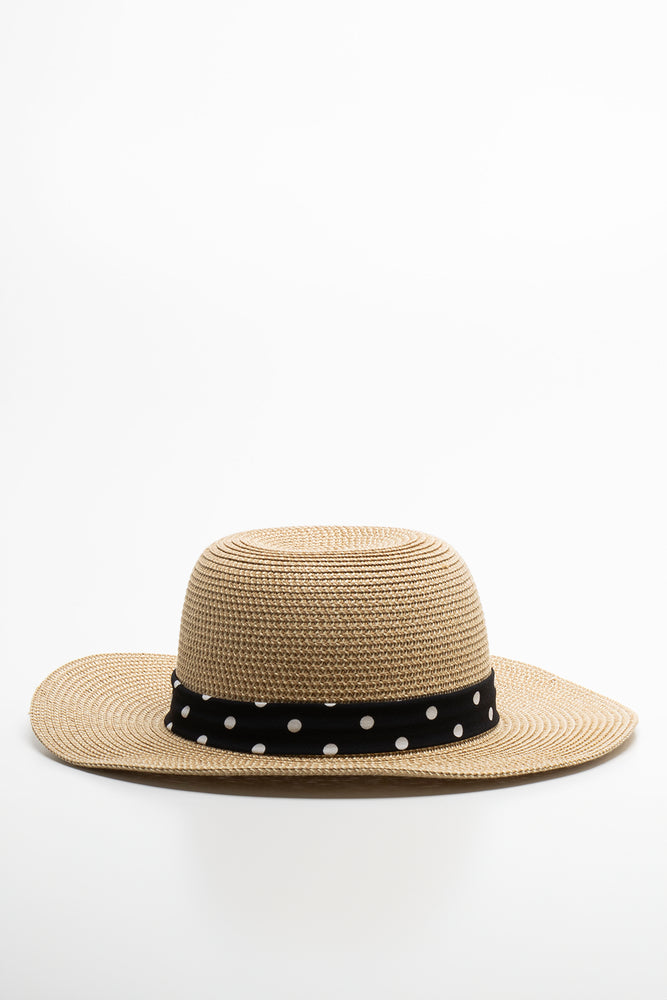 Dot Ribbon Straw Hat Natural, Black & White