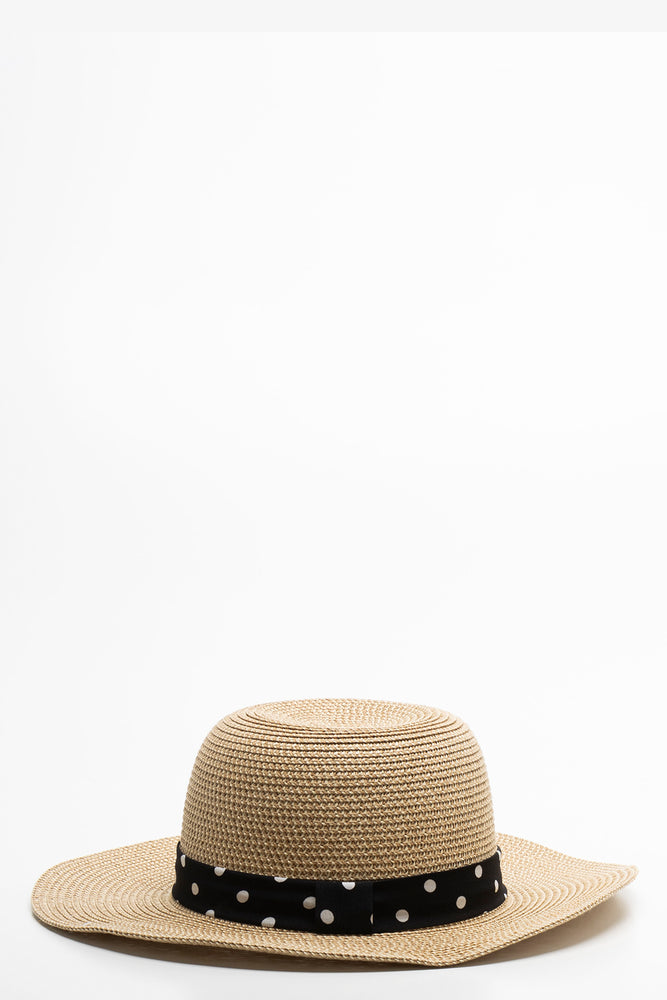 Dot Ribbon Straw Hat Natural, Black & White
