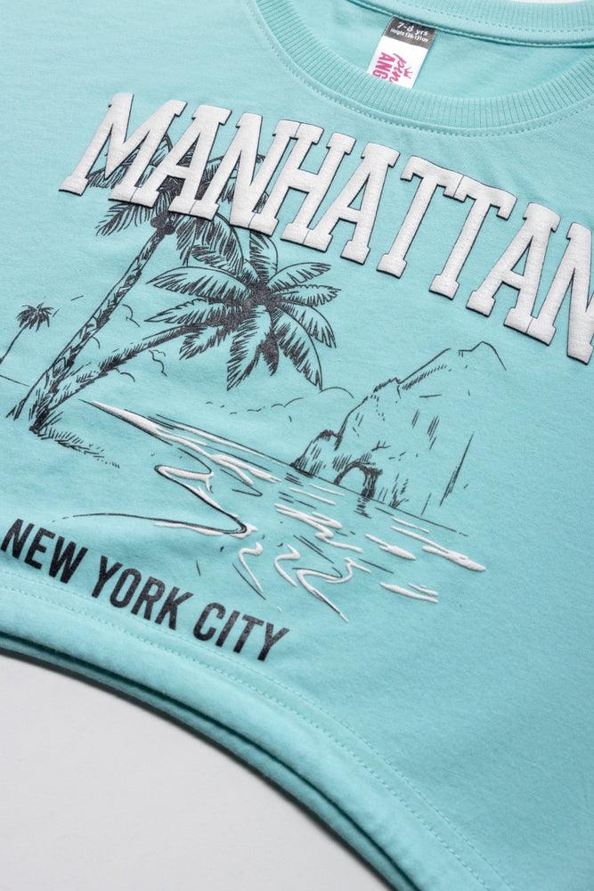 Manhattan Cropped Curved Hem Short Sleeve T-Shirt Light Blue