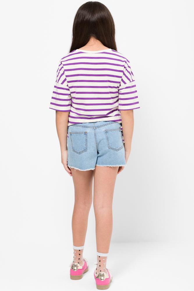 Stripe Cropped Short Sleeve T-Shirt Lilac (2)