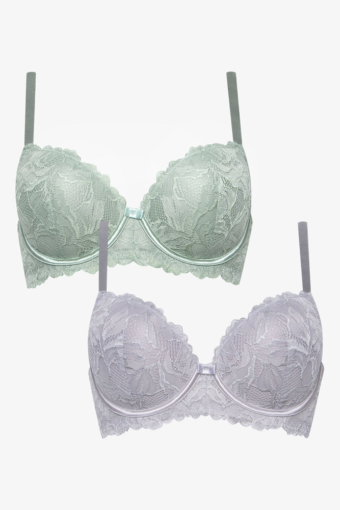 2 Pack Lace Balconette Bras Green & Grey (1)