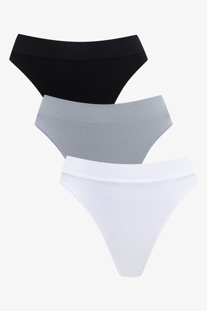 3 Pack Seam-Free Thong Panties Black, Grey, White (1)