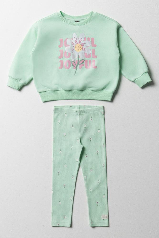 Floral Tracktop & Rib Leggings Set Light Green