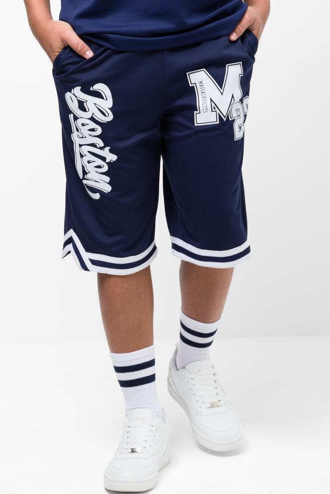 Boys navy basketball shorts top