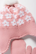 Flower Beanie & Mittens Set Pink (1)