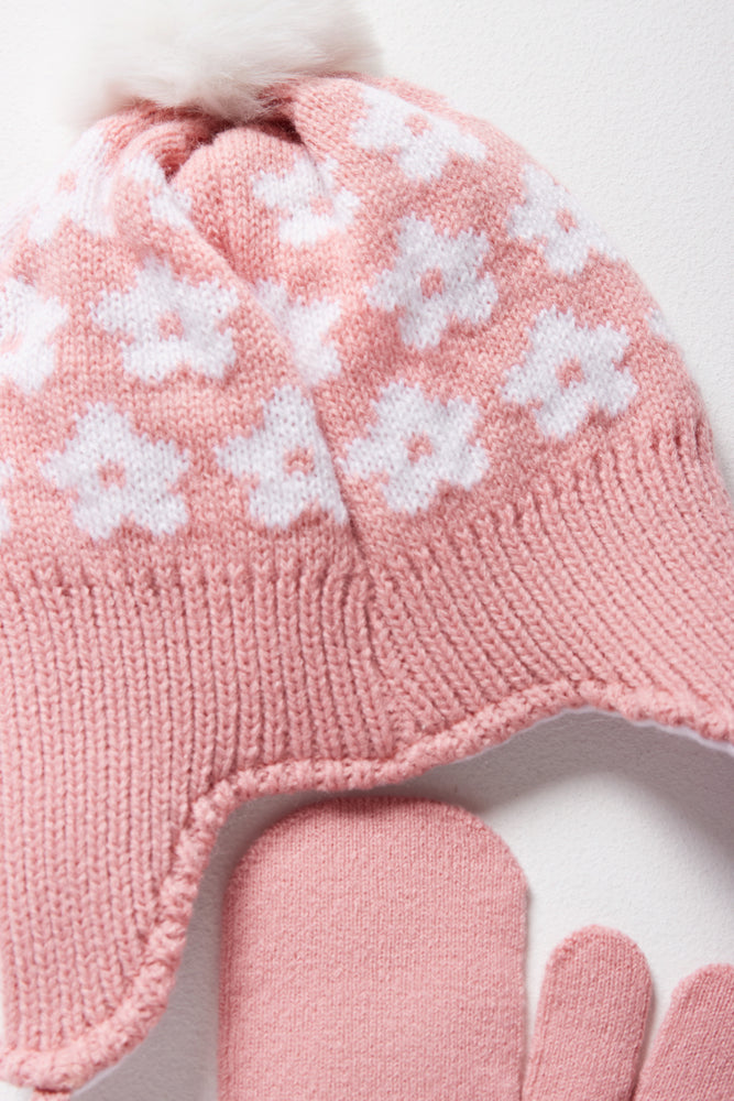 Flower Beanie & Mittens Set Pink (1)