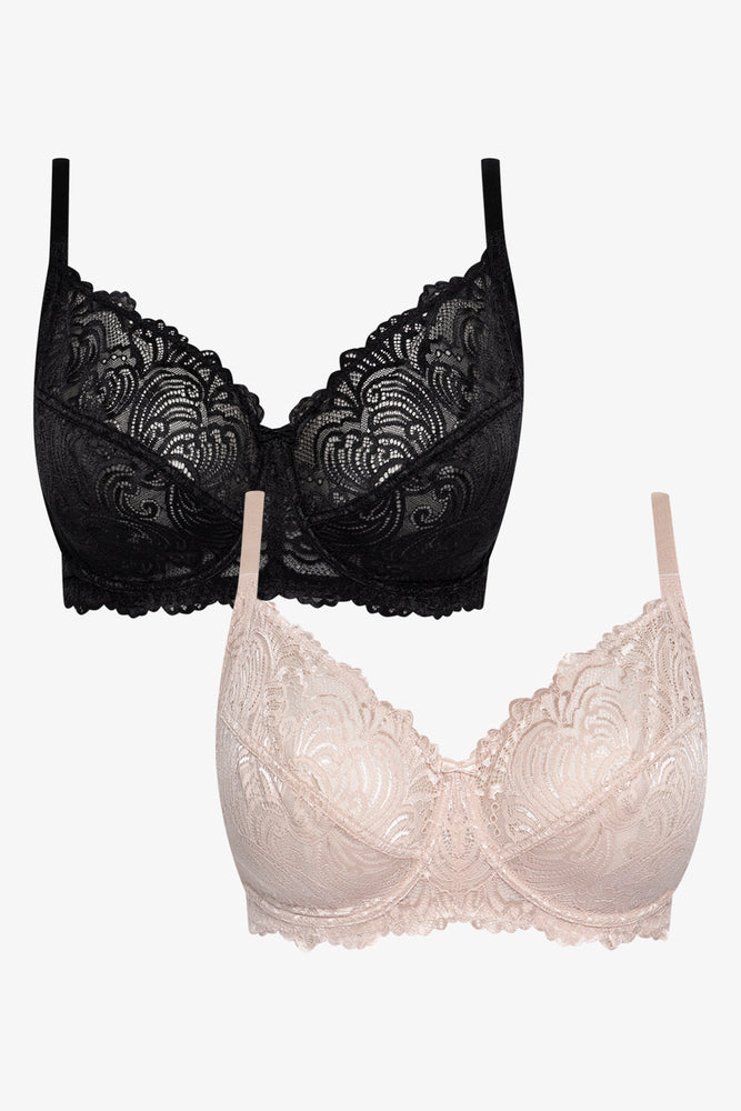 Plus Size 2 Pack Lace Non Padded Underwire Bras Black & Natural