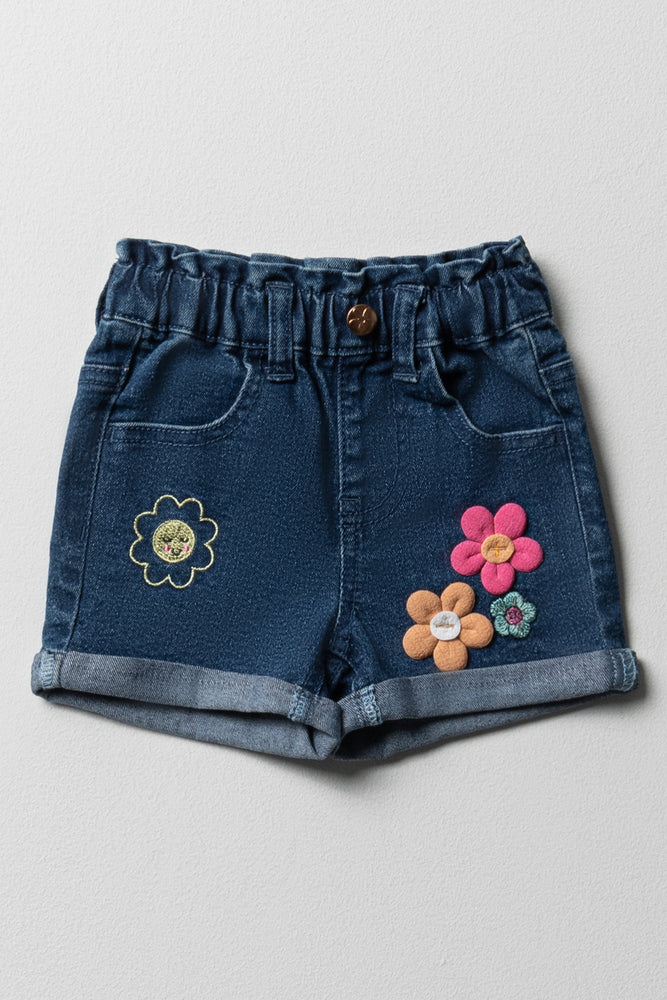 Flower Denim Shorts Blue
