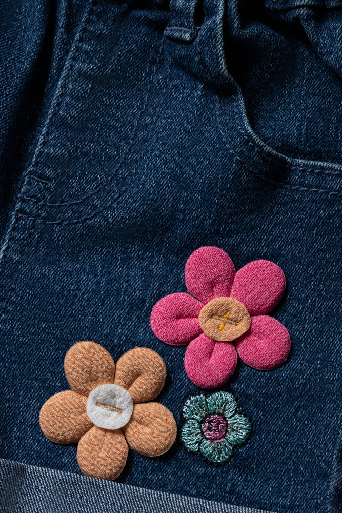 Flower Denim Shorts Blue