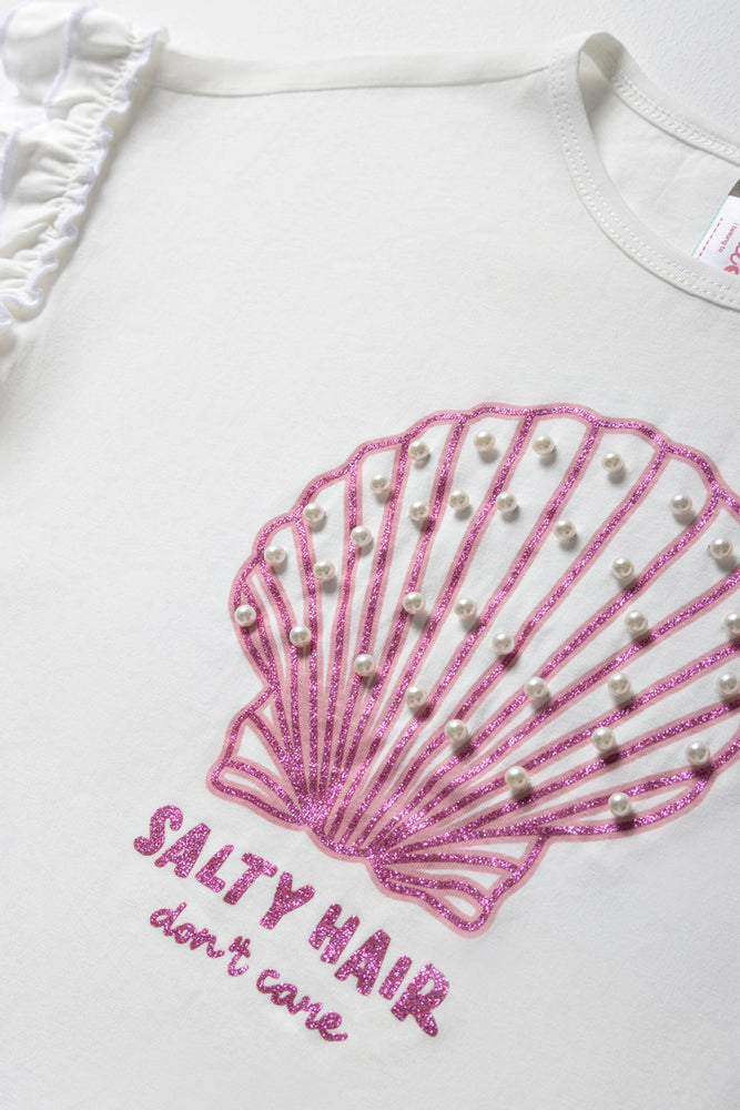 Pearl Shell Frill Sleeve T-Shirt White