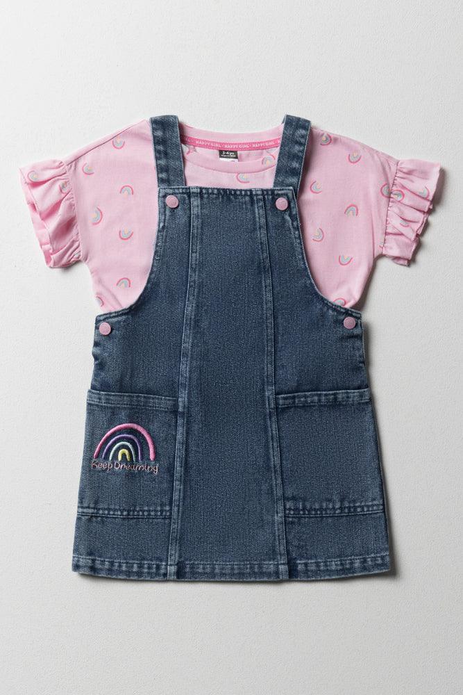 Denim Pinafore With Frill Short Sleeve T-Shirt Set Blue & Pink