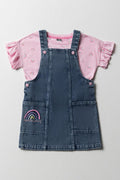 Denim Pinafore With Frill Short Sleeve T-Shirt Set Blue & Pink