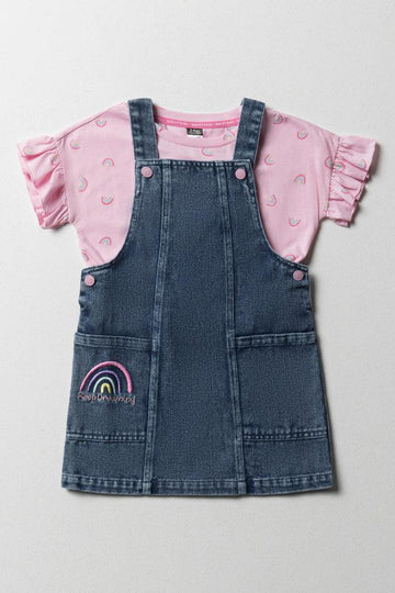 Denim Pinafore With Frill Short Sleeve T-Shirt Set Blue & Pink
