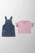 Denim Pinafore With Frill Short Sleeve T-Shirt Set Blue & Pink (3)