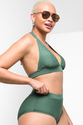 Textured High Waisted Brief Bikini Bottom Green (1)