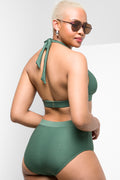Textured High Waisted Brief Bikini Bottom Green (2)