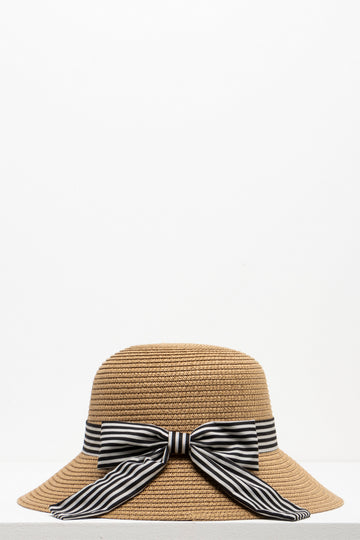Black And Stone Ribbon Straw Bucket Natural