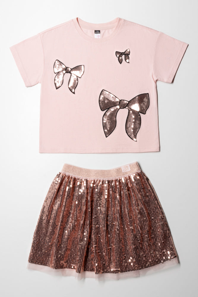 Xmas Bow Sequin Skirt Set Pink