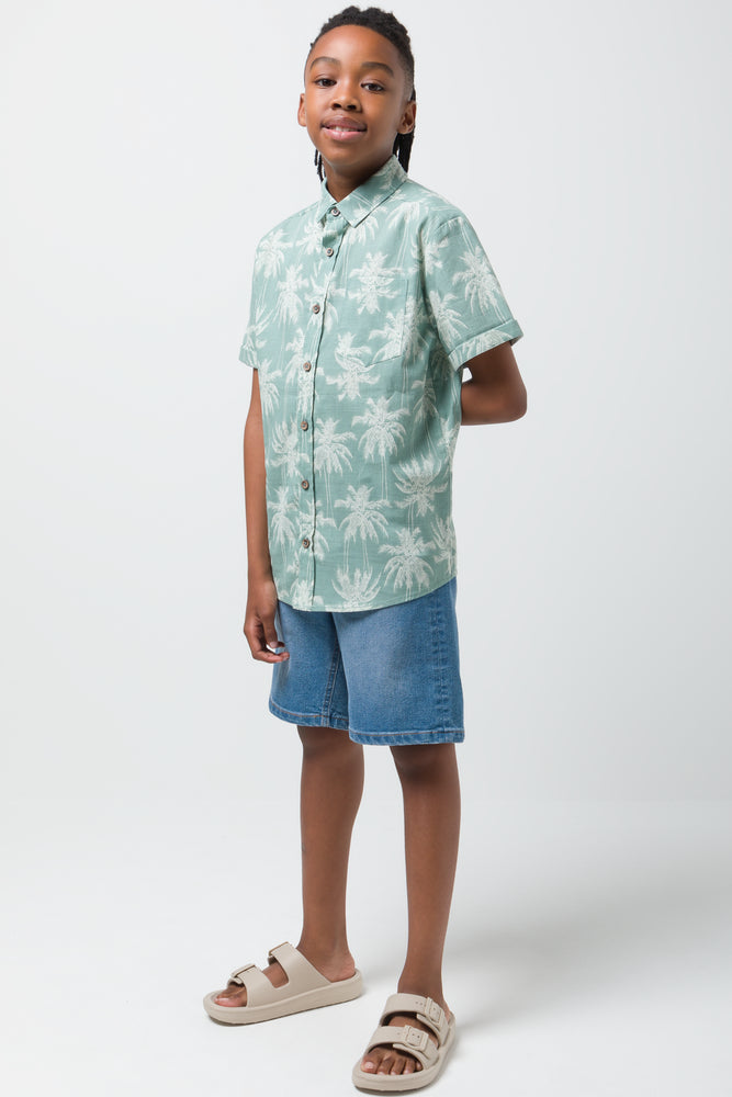 Palm Print Linen Shirt Sage (1)