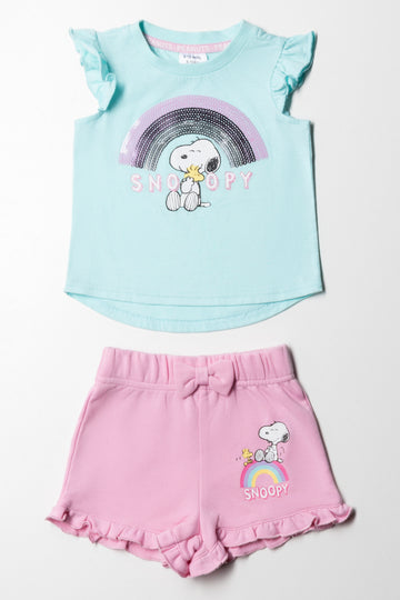 Snoopy Styled T-Shirt And Fleece Shorts Set Blue & Pink