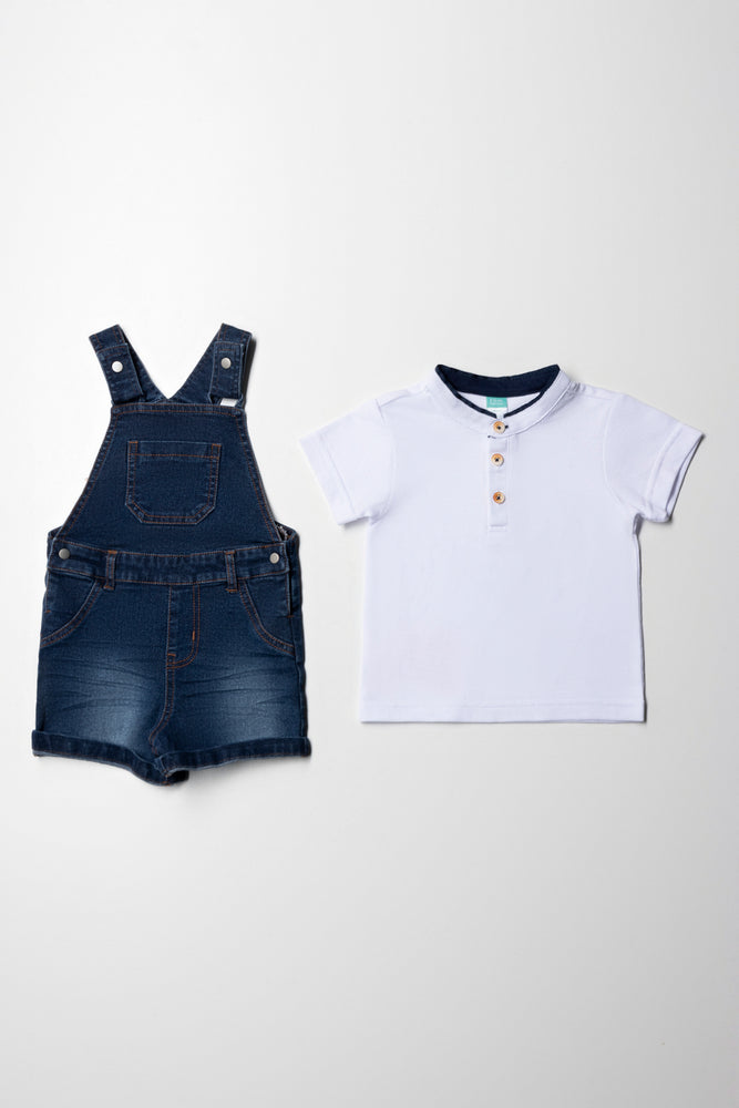 Denim Dungaree With Mandarin Collar Pique Tee Set Indigo (4)