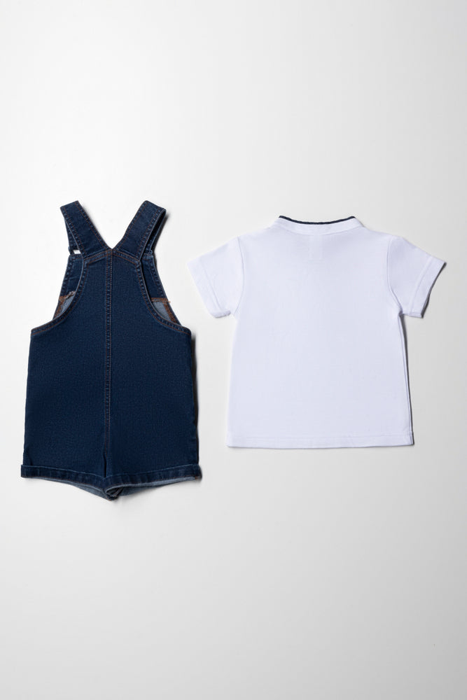 Denim Dungaree With Mandarin Collar Pique Tee Set Indigo (5)