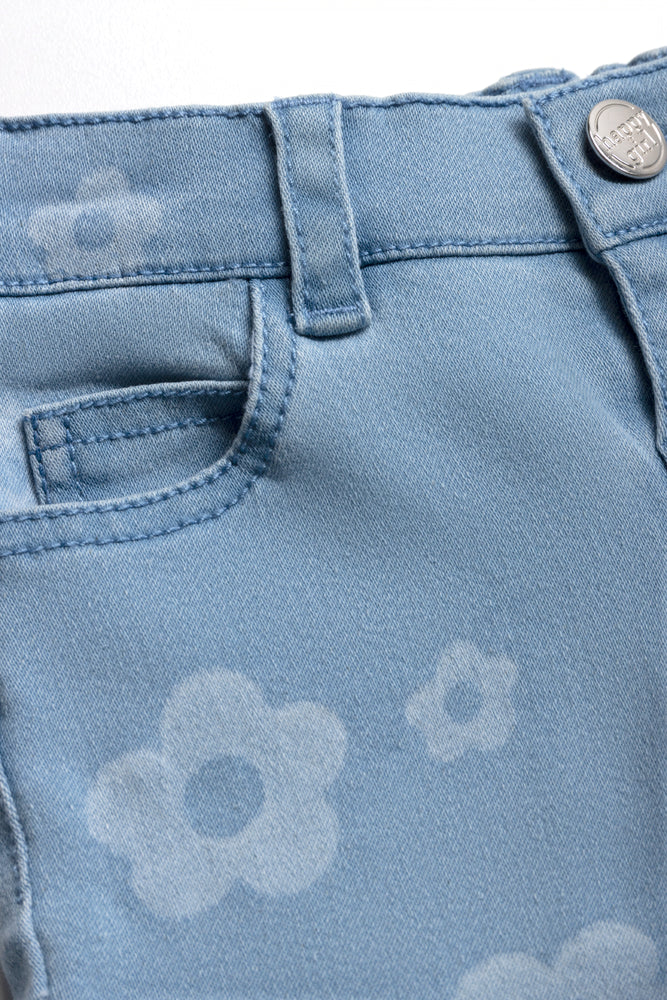 Daisy Lazer Print 5 Pocket Skinny Light Wash Blue