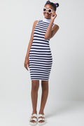Stripe Seamless Turtleneck Sleeveless Dress Navy