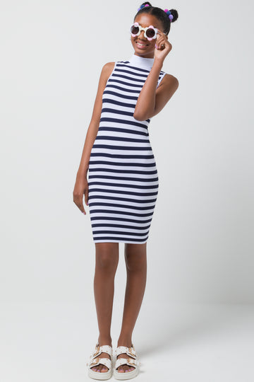 Stripe Seamless Turtleneck Sleeveless Dress Navy